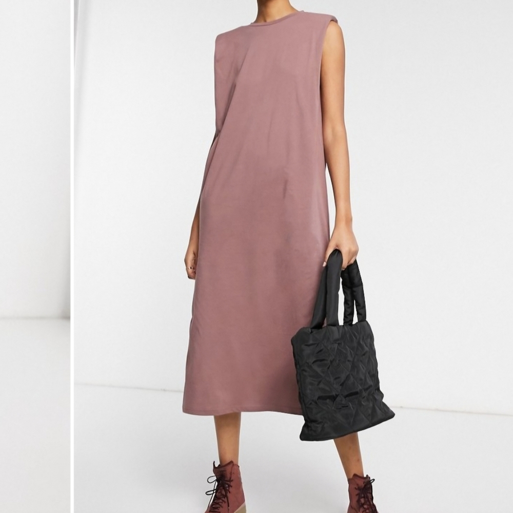 Weekday Kai XS Mocha Brown Midi Dress minimalist basic staple neutral Cotton